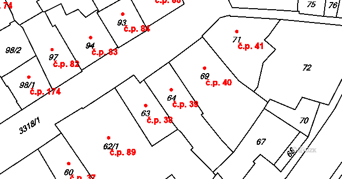 Pelhřimov 39 na parcele st. 64 v KÚ Pelhřimov, Katastrální mapa