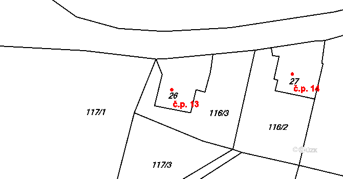 Dvorek 13, Třebeň na parcele st. 26 v KÚ Dvorek, Katastrální mapa