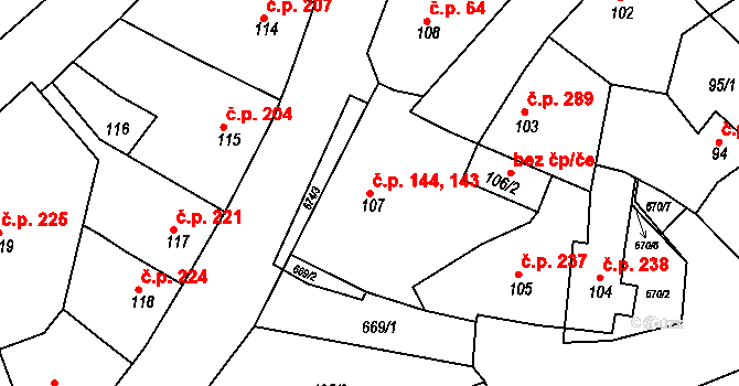 Svatava 143,144 na parcele st. 107 v KÚ Svatava, Katastrální mapa
