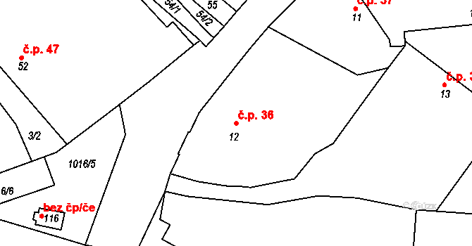 Kozárovice 36 na parcele st. 12 v KÚ Kozárovice, Katastrální mapa