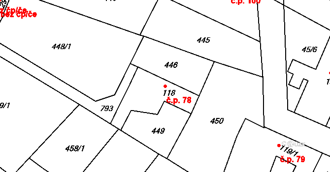 Sezimovo Ústí 78 na parcele st. 118 v KÚ Sezimovo Ústí, Katastrální mapa