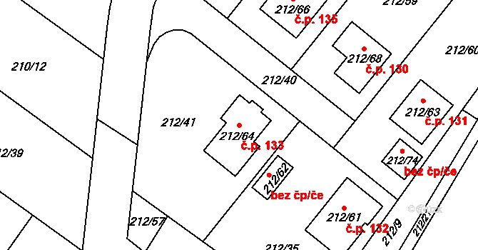 Kladruby nad Labem 133 na parcele st. 212/64 v KÚ Kladruby nad Labem, Katastrální mapa