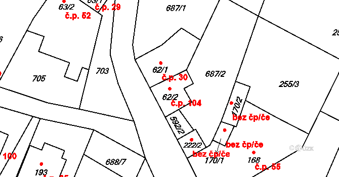 Vilémov 104, Humpolec na parcele st. 62/2 v KÚ Vilémov u Humpolce, Katastrální mapa