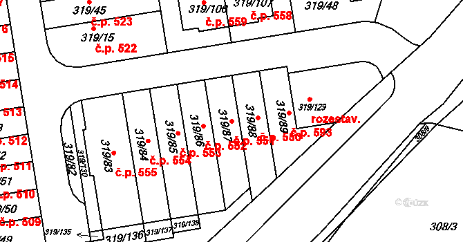 Moravany 551 na parcele st. 319/87 v KÚ Moravany u Brna, Katastrální mapa