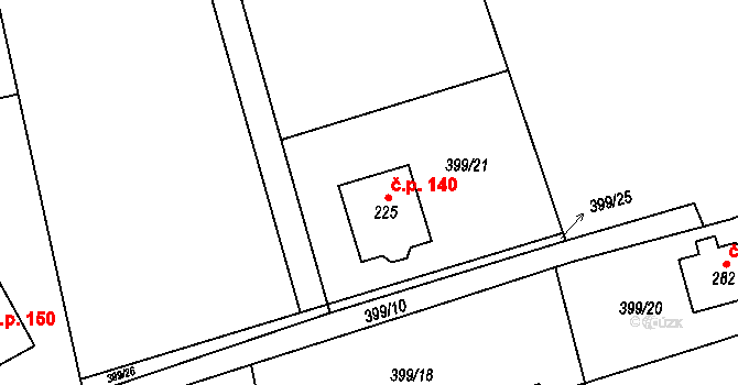 Račice 140 na parcele st. 225 v KÚ Račice u Štětí, Katastrální mapa