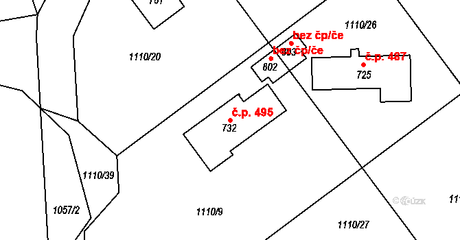 Hazlov 495 na parcele st. 732 v KÚ Hazlov, Katastrální mapa