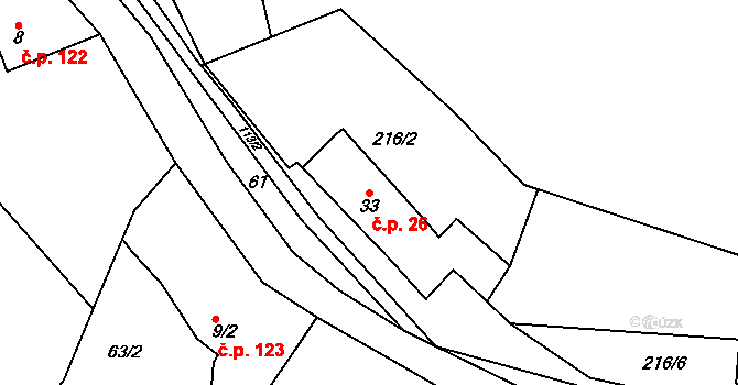 Švařec 26, Koroužné na parcele st. 33 v KÚ Švařec, Katastrální mapa