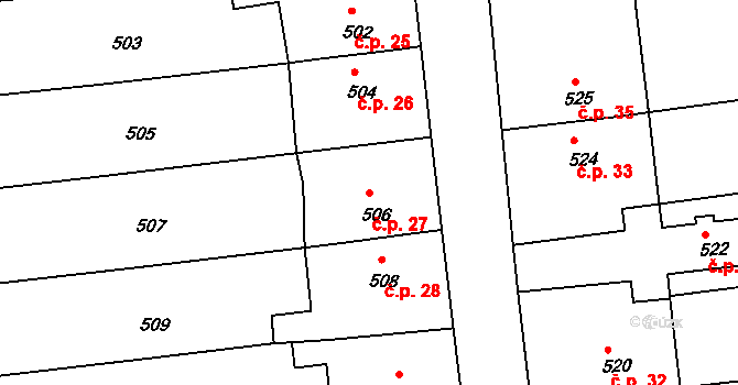 Krásensko 27 na parcele st. 506 v KÚ Krásensko, Katastrální mapa