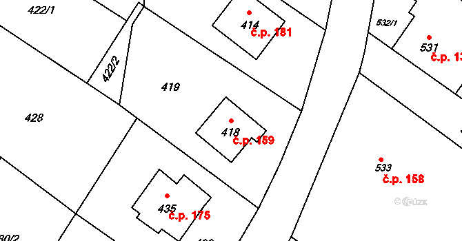 Děhylov 159 na parcele st. 418 v KÚ Děhylov, Katastrální mapa