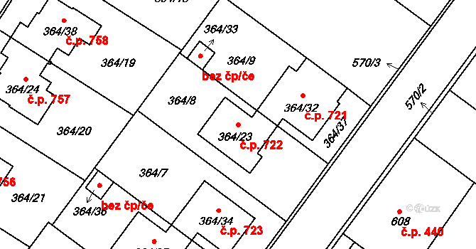 Kobeřice 722 na parcele st. 364/23 v KÚ Kobeřice ve Slezsku, Katastrální mapa
