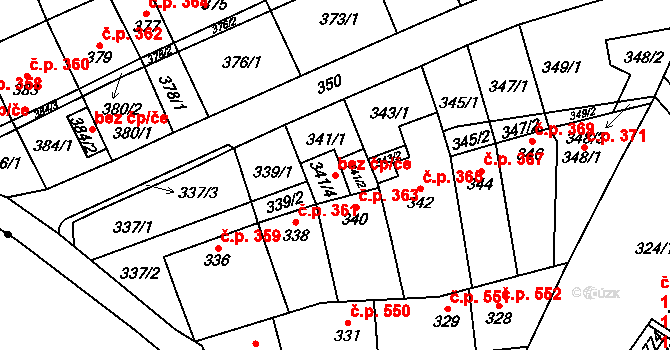 Brno 48231266 na parcele st. 341/4 v KÚ Lesná, Katastrální mapa