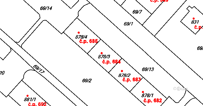 Neratovice 684 na parcele st. 878/3 v KÚ Neratovice, Katastrální mapa