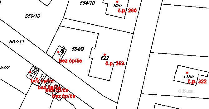 Broumov 259 na parcele st. 622 v KÚ Broumov, Katastrální mapa
