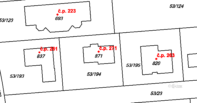 Zdiby 271 na parcele st. 871 v KÚ Zdiby, Katastrální mapa