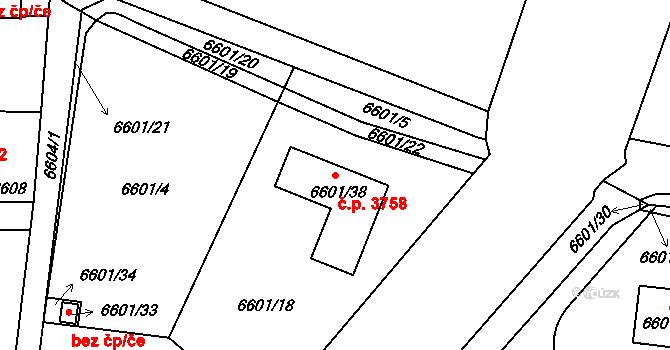 Frýdek 3758, Frýdek-Místek na parcele st. 6601/38 v KÚ Frýdek, Katastrální mapa