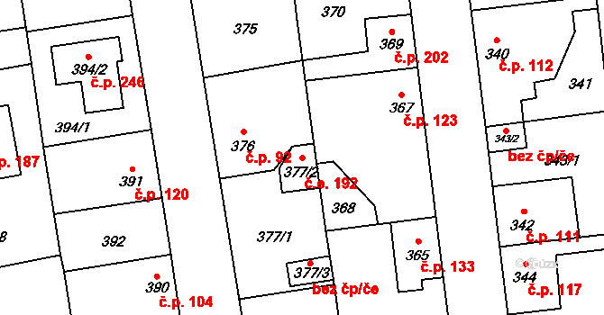 Šeberov 192, Praha na parcele st. 377/2 v KÚ Šeberov, Katastrální mapa