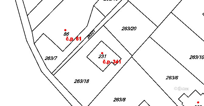 Lubina 341, Kopřivnice na parcele st. 231 v KÚ Drnholec nad Lubinou, Katastrální mapa