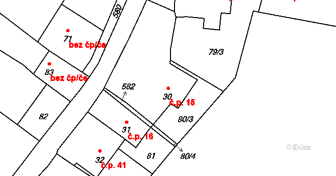 Kozojedy 15 na parcele st. 30 v KÚ Kozojedy, Katastrální mapa