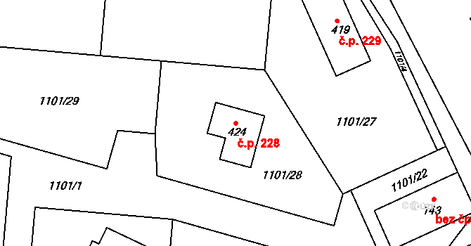 Mistrovice 228 na parcele st. 424 v KÚ Mistrovice nad Orlicí, Katastrální mapa