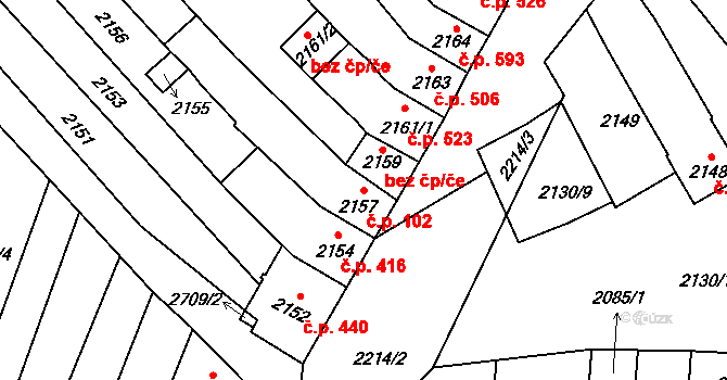 Velké Pavlovice 102 na parcele st. 2157 v KÚ Velké Pavlovice, Katastrální mapa
