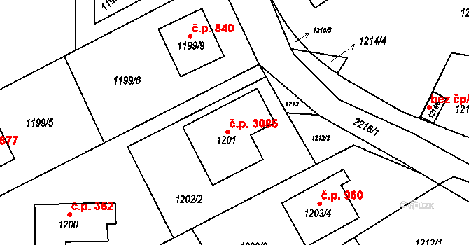 Stodůlky 3085, Praha na parcele st. 1201 v KÚ Stodůlky, Katastrální mapa