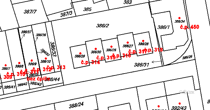 Oblekovice 316, Znojmo na parcele st. 386/26 v KÚ Oblekovice, Katastrální mapa