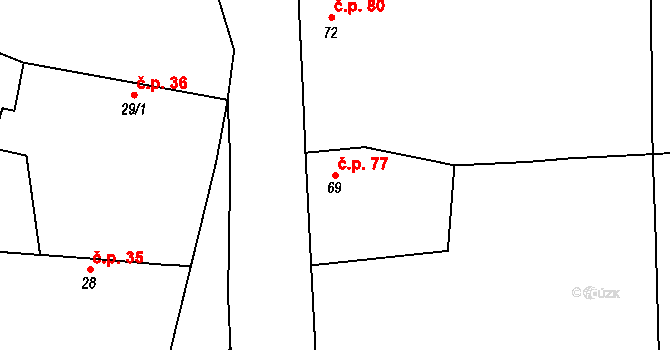 Močovice 77 na parcele st. 69 v KÚ Močovice, Katastrální mapa