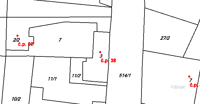 Chvalovice 38, Kovanice na parcele st. 3 v KÚ Chvalovice u Nymburka, Katastrální mapa