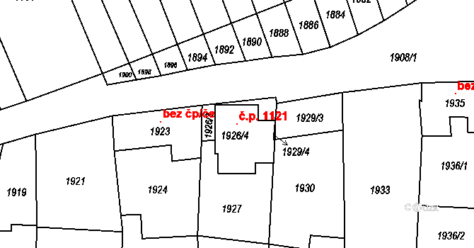 Újezd u Brna 1121 na parcele st. 1926/4 v KÚ Újezd u Brna, Katastrální mapa