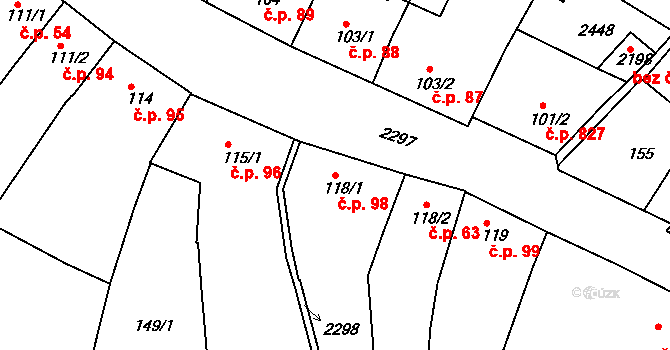Tišnov 98 na parcele st. 118/1 v KÚ Tišnov, Katastrální mapa
