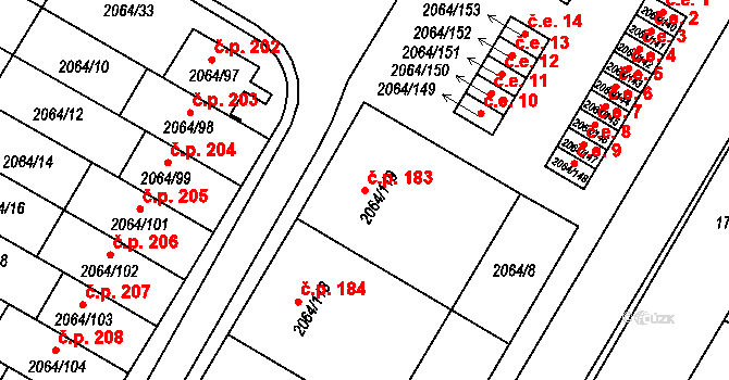 Brňany 183, Vyškov na parcele st. 2064/119 v KÚ Vyškov, Katastrální mapa