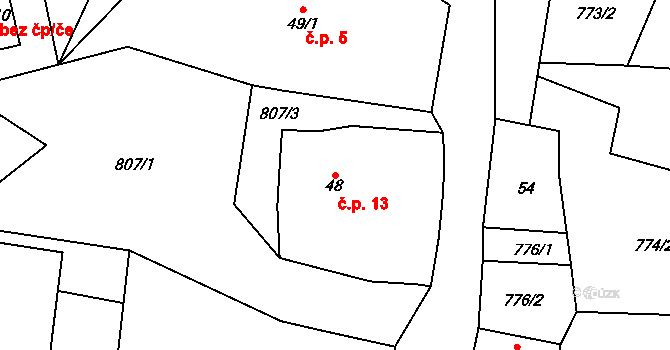 Rýzmburk 13, Hulice na parcele st. 48 v KÚ Hulice, Katastrální mapa