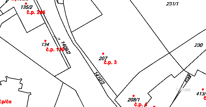 Miletín 3 na parcele st. 207 v KÚ Miletín, Katastrální mapa