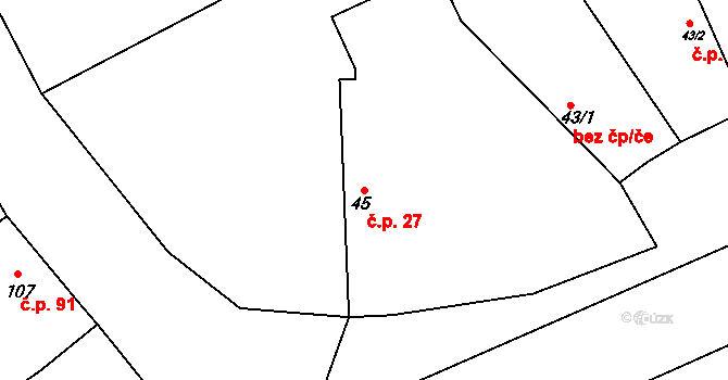 Vrbice 27 na parcele st. 45 v KÚ Vrbice u Poděbrad, Katastrální mapa
