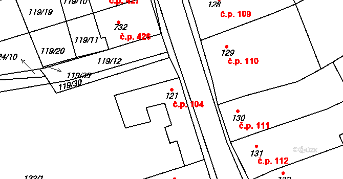 Horní Cerekev 104 na parcele st. 121 v KÚ Horní Cerekev, Katastrální mapa
