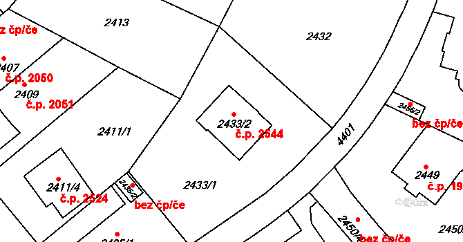 Teplice 2544 na parcele st. 2433/2 v KÚ Teplice, Katastrální mapa