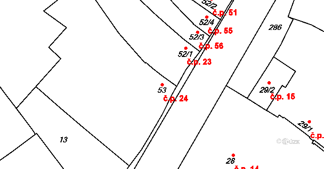 Rozvadovice 24, Litovel na parcele st. 53 v KÚ Rozvadovice, Katastrální mapa