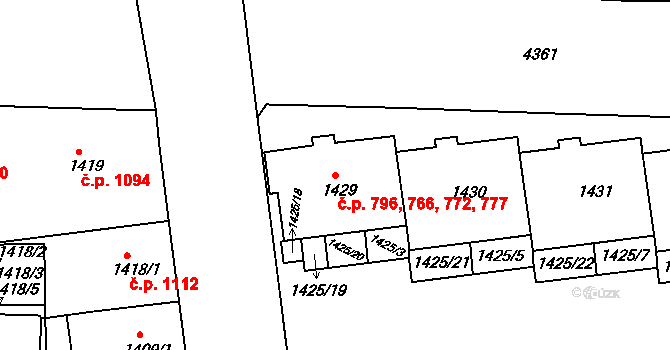 Žižkov 766,772,777,796, Praha na parcele st. 1429 v KÚ Žižkov, Katastrální mapa
