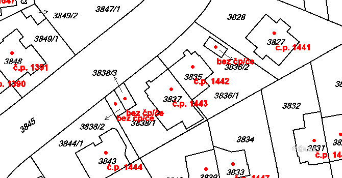 Žižkov 1443, Praha na parcele st. 3837 v KÚ Žižkov, Katastrální mapa