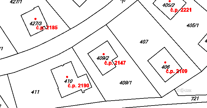 Komořany 2147, Praha na parcele st. 409/2 v KÚ Komořany, Katastrální mapa