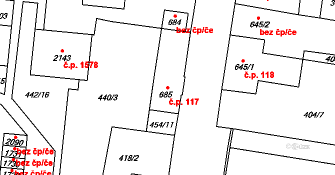 Vrchlabí 117 na parcele st. 685 v KÚ Vrchlabí, Katastrální mapa