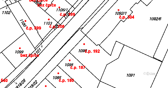 Holice 192, Olomouc na parcele st. 1090 v KÚ Holice u Olomouce, Katastrální mapa