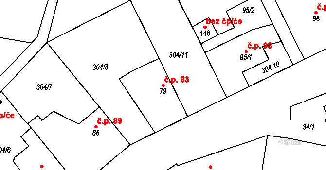Rusek 83, Hradec Králové na parcele st. 79 v KÚ Rusek, Katastrální mapa