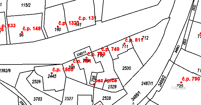 Rosice 749 na parcele st. 710 v KÚ Rosice u Brna, Katastrální mapa