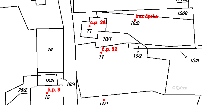 Držovice 22, Úštěk na parcele st. 11 v KÚ Držovice, Katastrální mapa