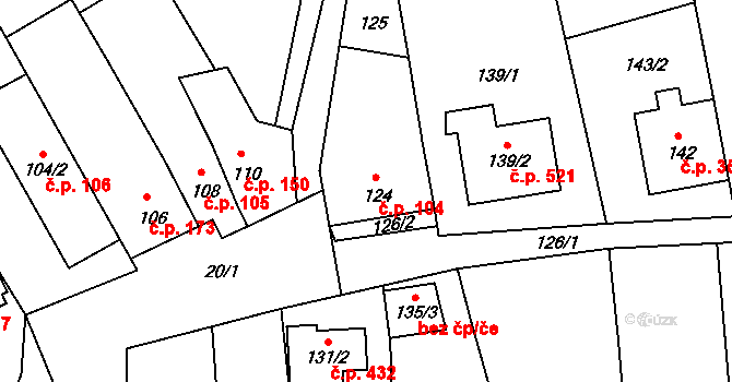 Želešice 104 na parcele st. 124 v KÚ Želešice, Katastrální mapa