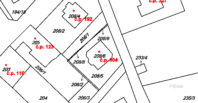 Srubec 604 na parcele st. 208/6 v KÚ Srubec, Katastrální mapa