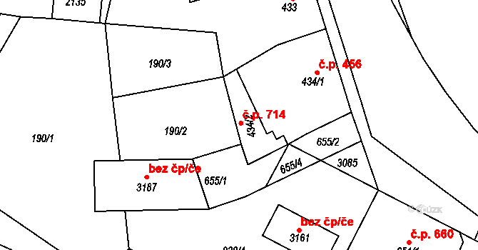 Milevsko 714 na parcele st. 434/2 v KÚ Milevsko, Katastrální mapa