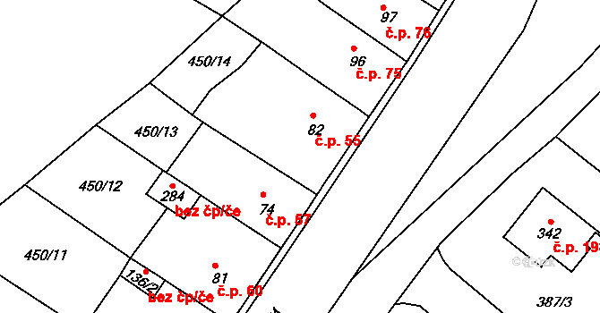 Třebichovice 55 na parcele st. 82 v KÚ Třebichovice, Katastrální mapa