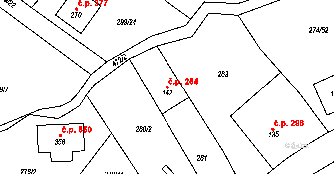 Tuchoměřice 254 na parcele st. 142 v KÚ Kněžívka, Katastrální mapa